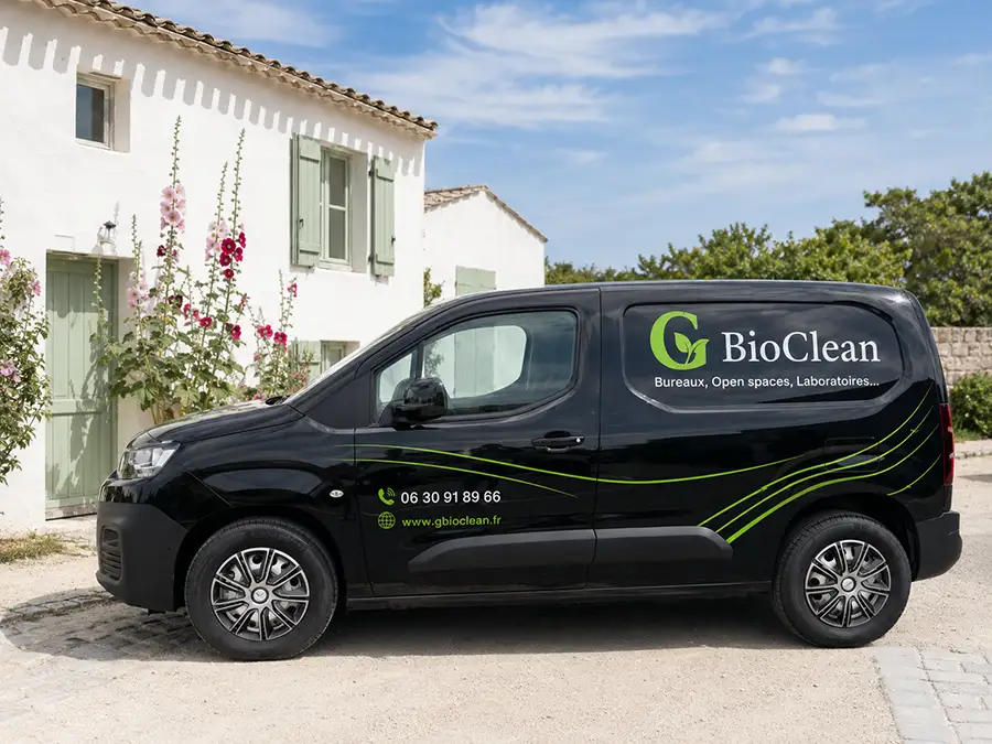 Véhicule G Bio Clean garé devant une villa de l'Île de Ré — nettoyage de résidences secondaires